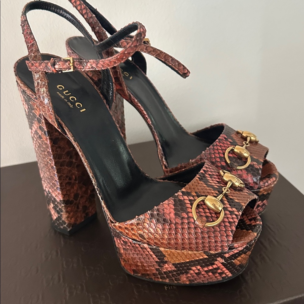 Gucci Pink And Brown Python Platform Sandals - image 1